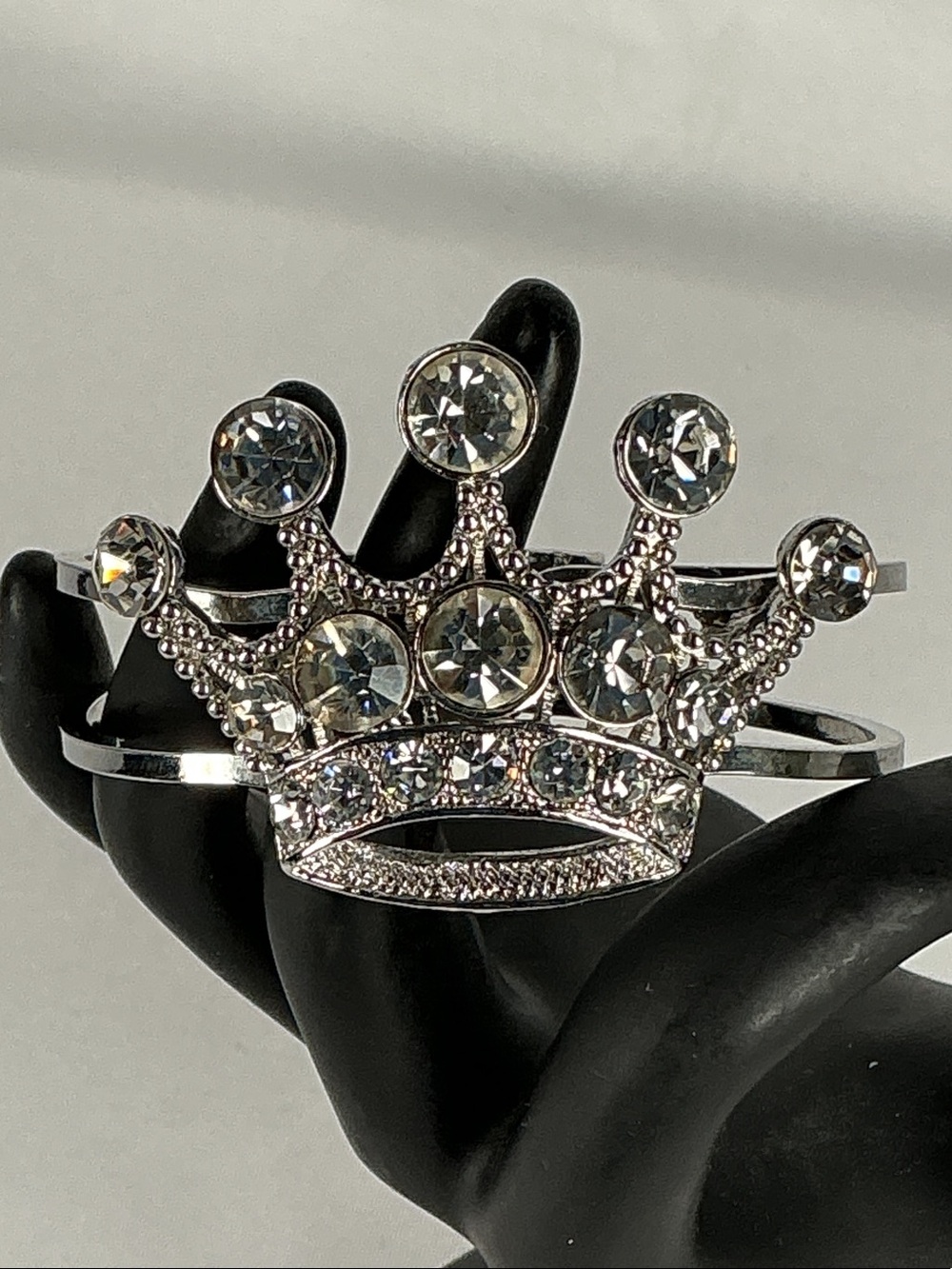 Hinged Bangle Bracelet Crystal Crown Tiara Silver